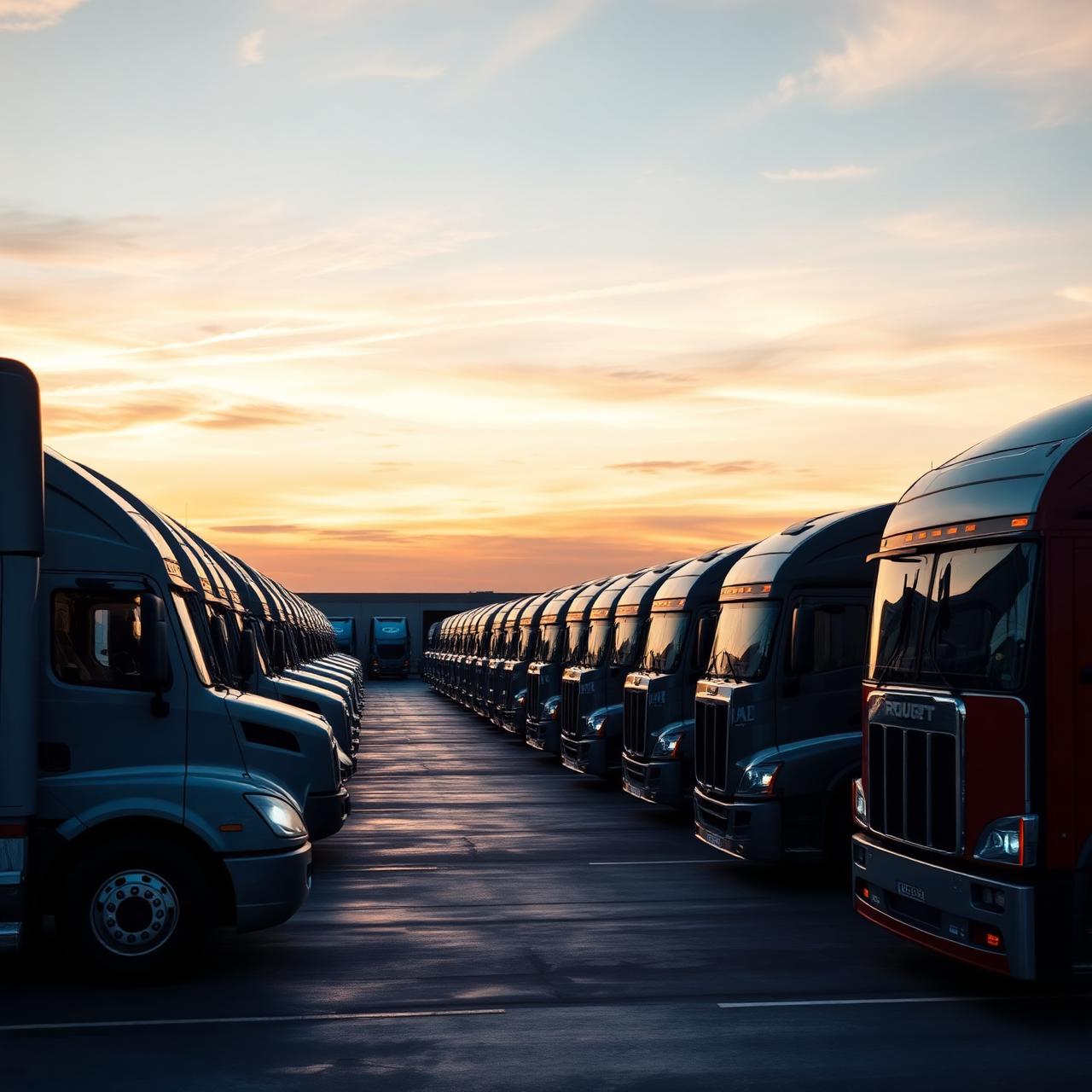 Fleet of semi trucks parked in a row at a carrier yard at dawn