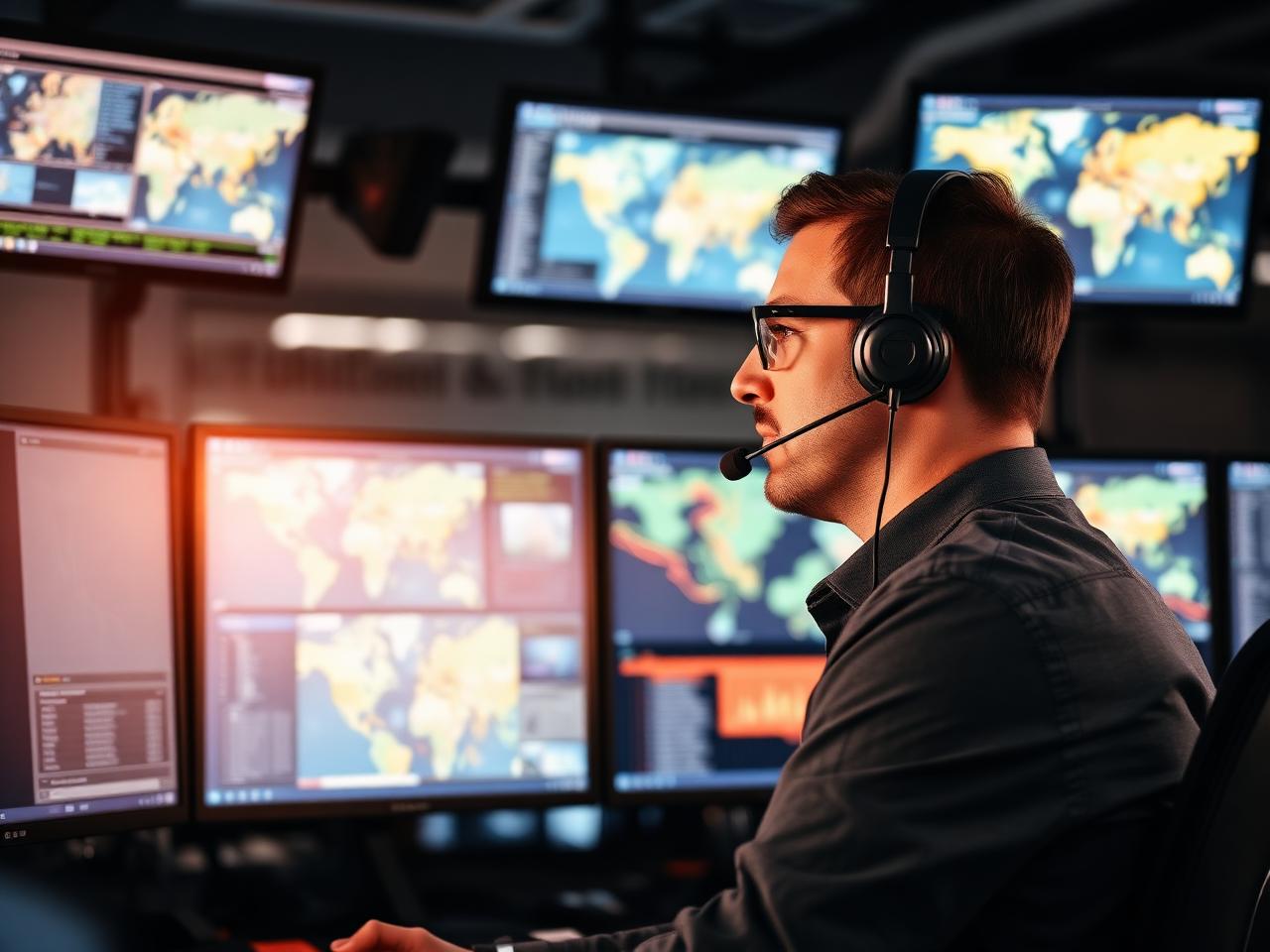 Dispatcher on a headset in a modern logistics office with route screens