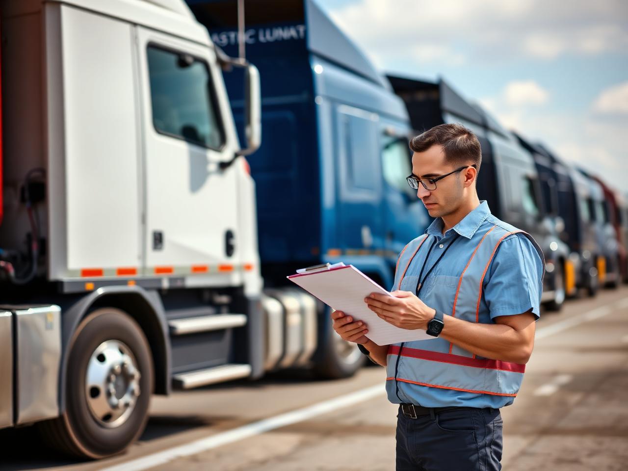 Compliance officer reviewing documents next to a parked semi truck