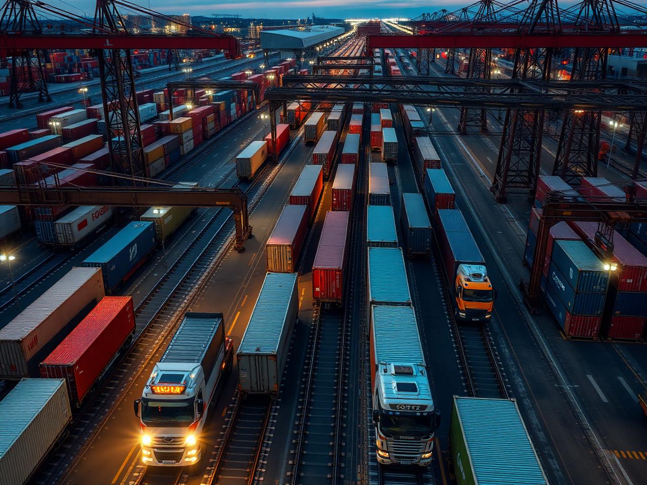 Aerial view of a busy intermodal yard with coordinated truck and rail movement