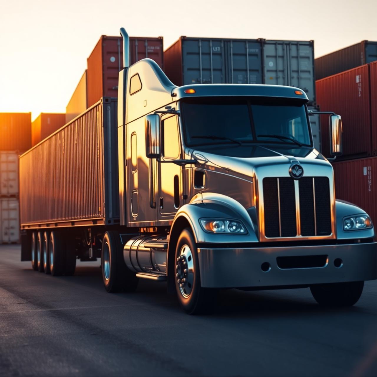 Modern semi truck pulling a shipping container chassis through a container yard at golden hour