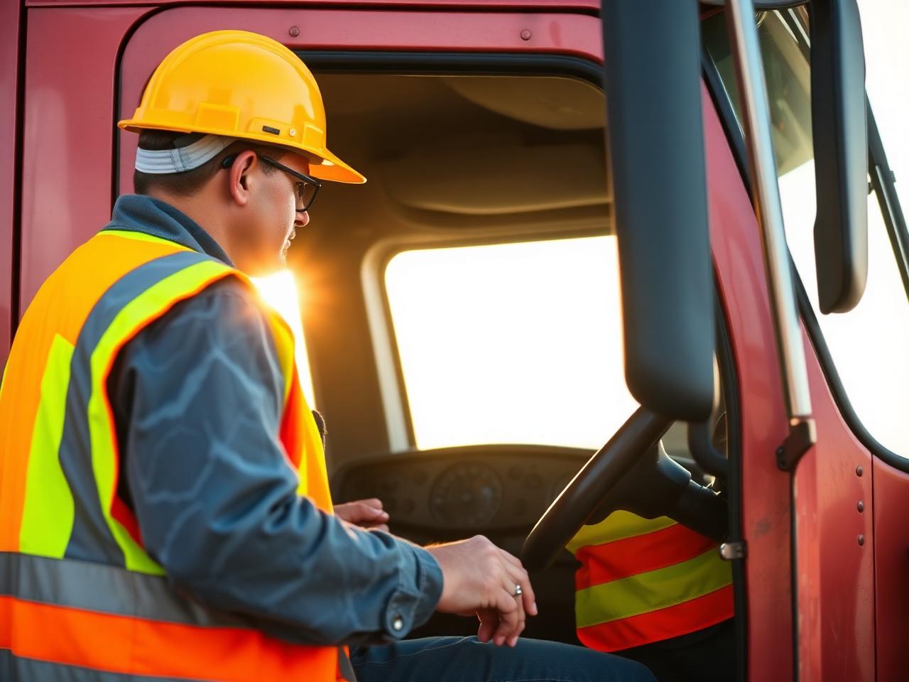 Truck driver in safety vest and hard hat performing a pre-trip inspection